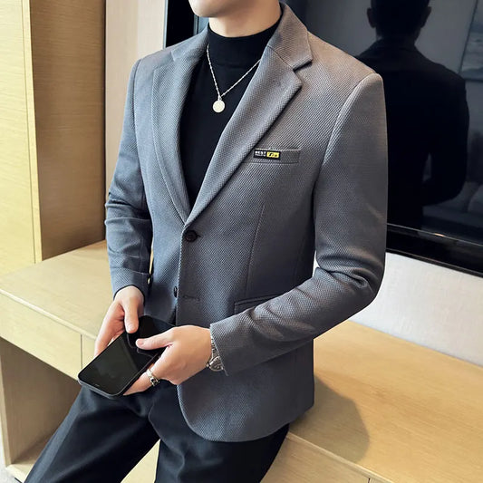 New Lmitation Cotton Jacquard Korean Slim Fit Suit Jacket Men Fashion Casual Business Blazers Wedding Social Party Dress Coats