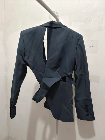 Women's Trendy Elegant High Street Hollow Out Design Pocket Slim Fit Coat Stylish Chic Asymmetric Long Sleeve Blazer HK8293