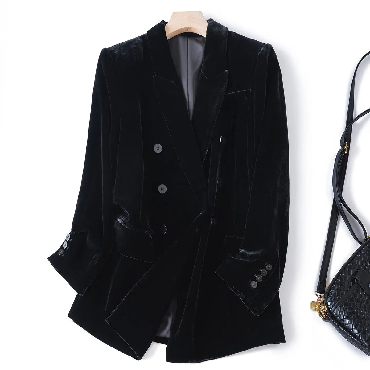 Silk Velvet Long Sleeve Suit Jacket Women's Business Wear Slim Fit Mid-Length Luxury Glossy Black Swan Velvet Outerwear