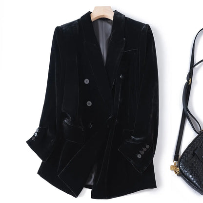 Silk Velvet Long Sleeve Suit Jacket Women's Business Wear Slim Fit Mid-Length Luxury Glossy Black Swan Velvet Outerwear