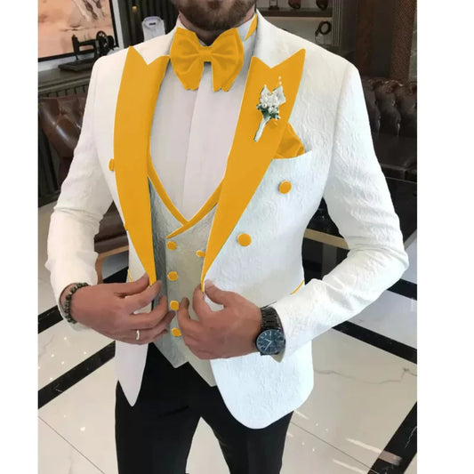 Wedding Men Suits Formal White Jacquard Men Suit Set Slim Fit Groom Tuxedos Groomsman Blazer Suits For Men 3 Piece