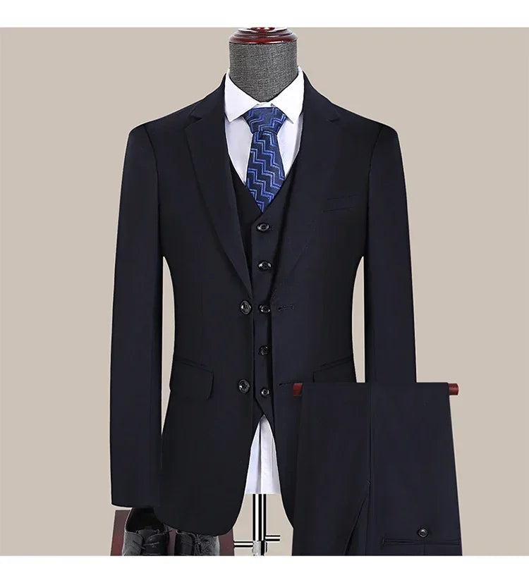 Men's Slim Fit 3-Piece Suit Set – Smart Casual Business Wedding Suit for Men in Blue, Gray & Black