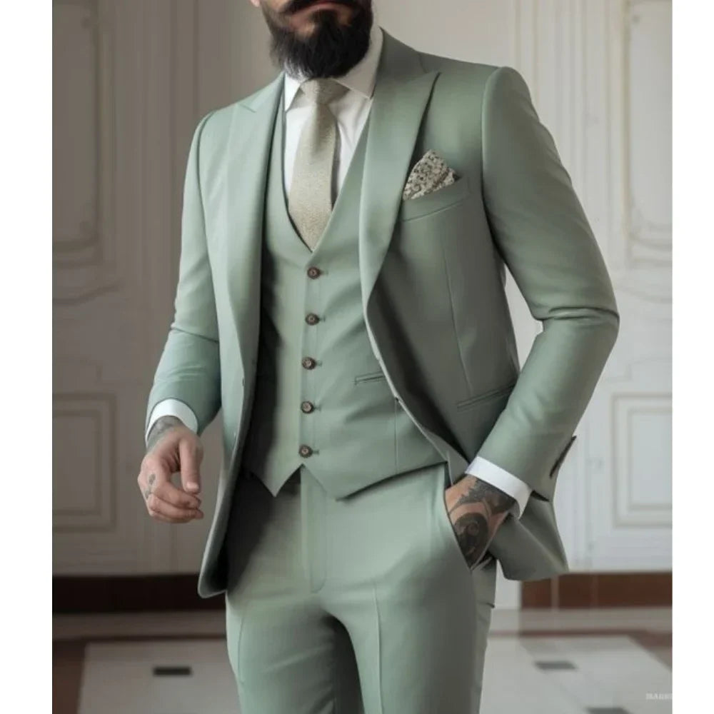 Green Men's Slim Fit 3 Piece Suits (Jacket+Vest+Pant) Wedding Groom Tuxedos Prom Formal Male Party Blazers