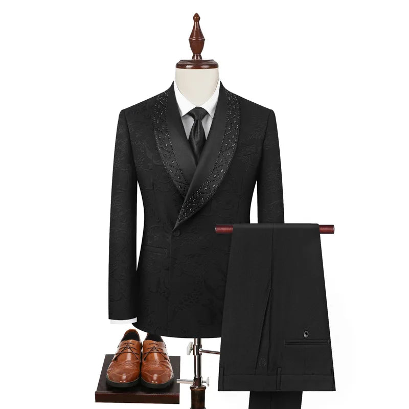 Men's Suit Jacquard Fabric Embroidery One Button 2 Pieces Blazer Pants Buckle Work Wool Wear Side Fork Wedding Prom Customized