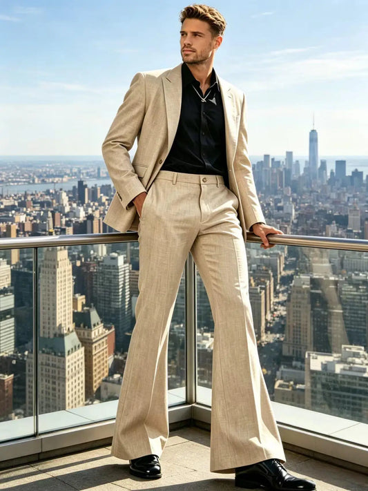 Men's 2-Piece Linen Blend Suit Vintage Slim Fit Peak Lapel Blazer & Flared Trousers Lightweight Casual Suit Jacket Pants Tuxedo