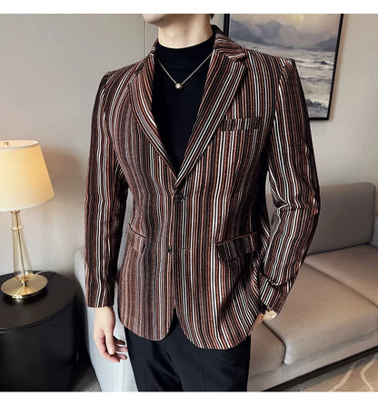 High Quality Plush Striped Fashion casual Suit Jacket Autumn Winter New Men Slim Fit Business Formal Social Prom Party Tuxedos