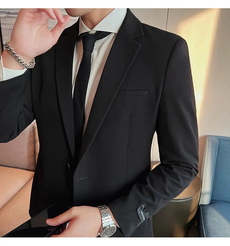 High-Quality Fashionable Men's Slim Fit Business Suit Jacket Autumn Wear Korean Style Pure Color Tweed High-End Feel