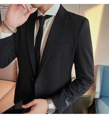 High-Quality Fashionable Men's Slim Fit Business Suit Jacket Autumn Wear Korean Style Pure Color Tweed High-End Feel