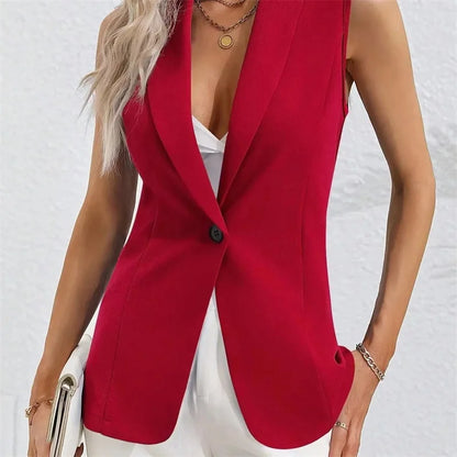 Vintage OL Jacket Casual Lapel Blazer Women One Button Suit Coats Fashion Sleeveless Office Vest 2025 Autumn Femme