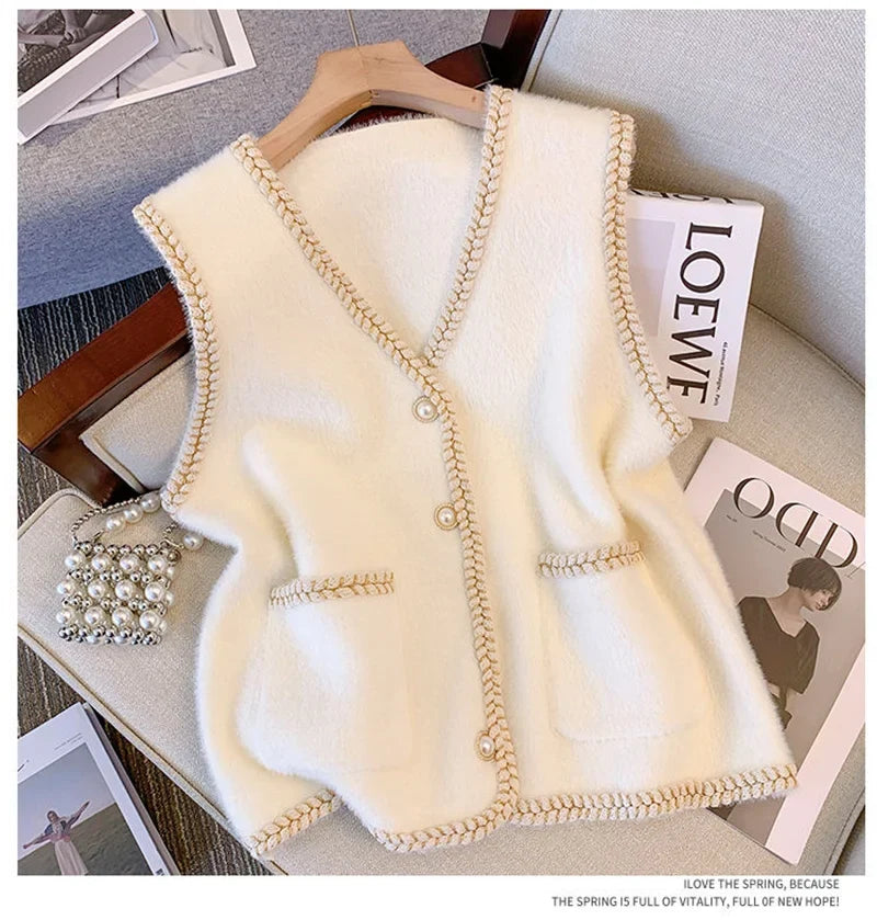 Spring And Autumn Annals Female New V-neck Knitted Mink Velvet Vest Women Xiaoxiangfeng Sweater V-neck Vest Shoulder Tops Jacket