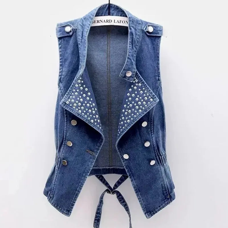 2025 Femme Cowboy Vest Outwear Spring Women Fashion Large Size 5XL Denim Waistcoat Coat Ladies Double-breasted Sleeveless Jacket
