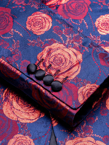 Navy Base Red Rose Floral Jacquard Tuxedo Blazer for Men, Black Shawl Lapel Slim Formal Jacket Host Wedding Ceremony Costume