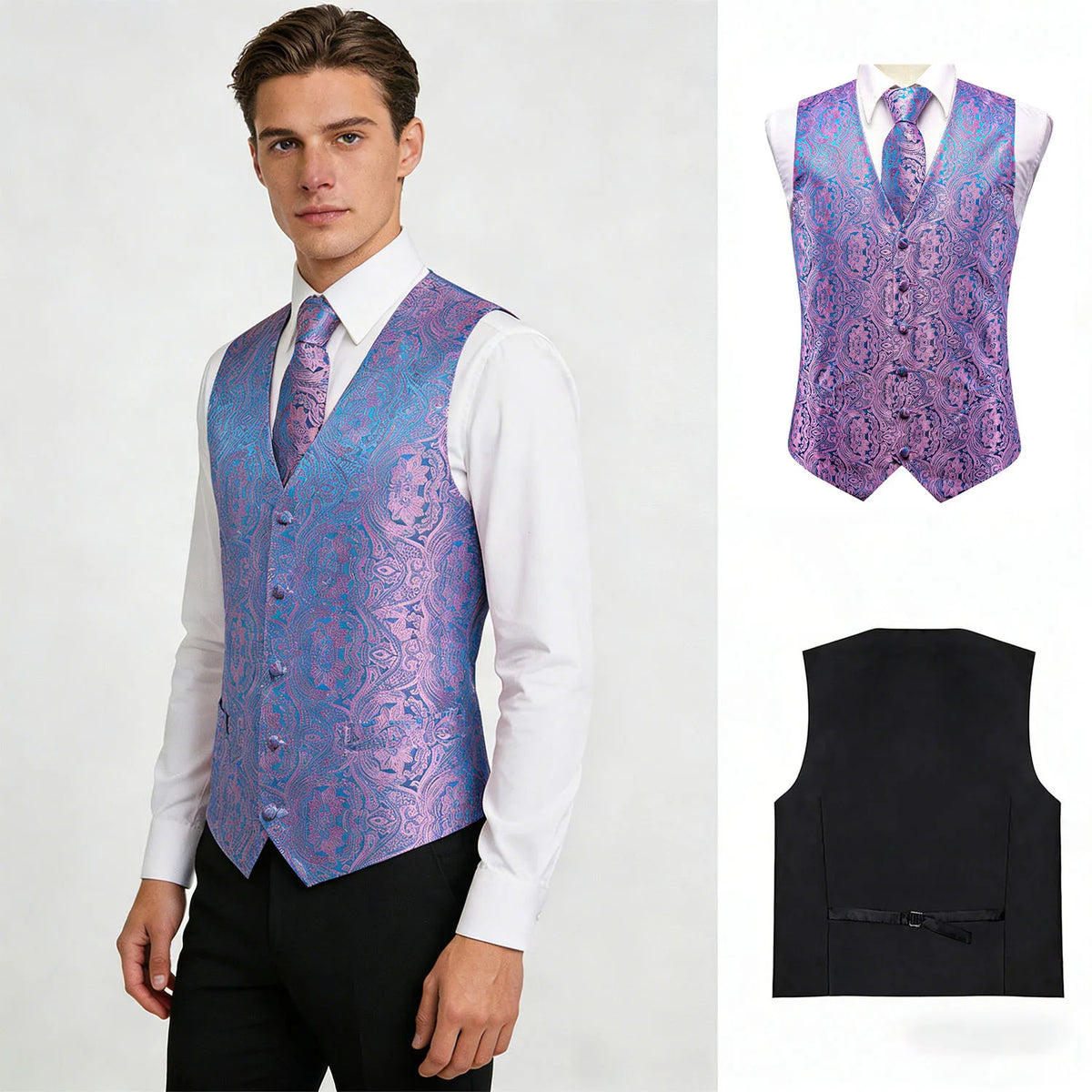 Men's Floral Paisley Vest and Tie Set – Formal Waistcoat with Necktie and Pocket Square for Weddings and Business Events