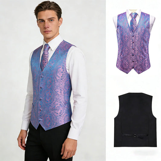 Men's Floral Paisley Vest and Tie Set – Formal Waistcoat with Necktie and Pocket Square for Weddings and Business Events