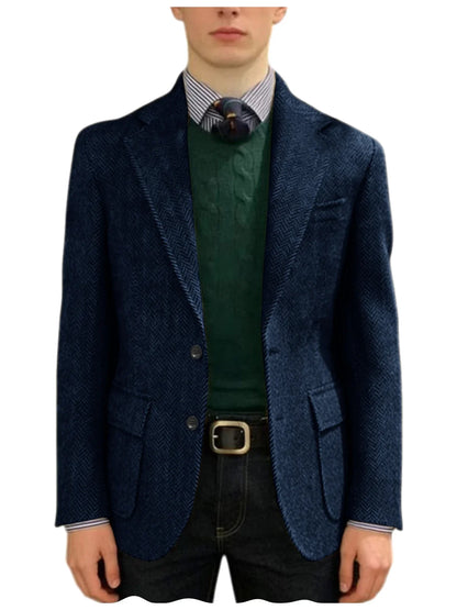 Men's Herringbone Tweed Blazer Classic Fit 2-Button Notch Lapel Flap Pockets Suit Jacket Casual Daily Business Men Sport Coat