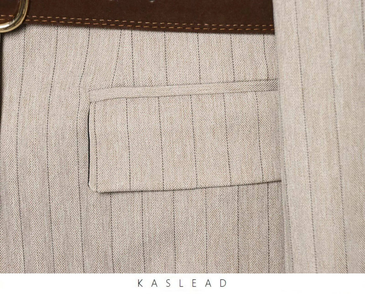 Women Khaki Striped Blazer Jacket Y2k 2000s Vintage Suit Coat Long Sleeve Single Breasted Oversize Outerwear Spring Autumn 2025