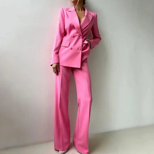 Women Suit 2 Pieces Rose Pink Double Button Solid For Wedding Banquet Party Business Commute Casual Daily Blazer And Pants
