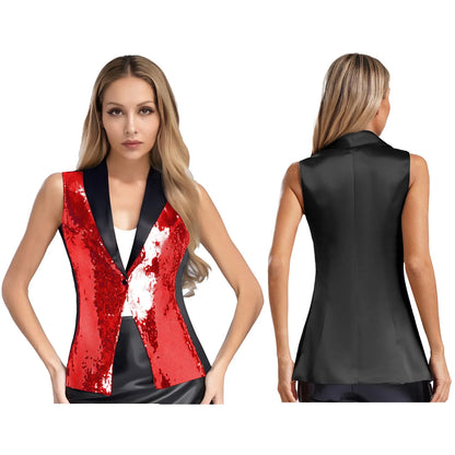 Fashion Sequins Vests Women's Tassel Sleeveless Waistcoat Jazz Dance Costume Shiny Vest 80s Disco Music Festival Party Clubwear