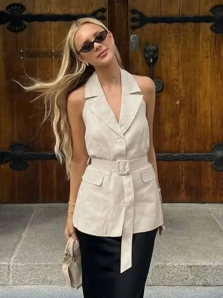 Women Solid Halter Neck Sleeveless Linen Blend Blazer Vest Waist Belted Single Button Longline Office Casual Top 2026