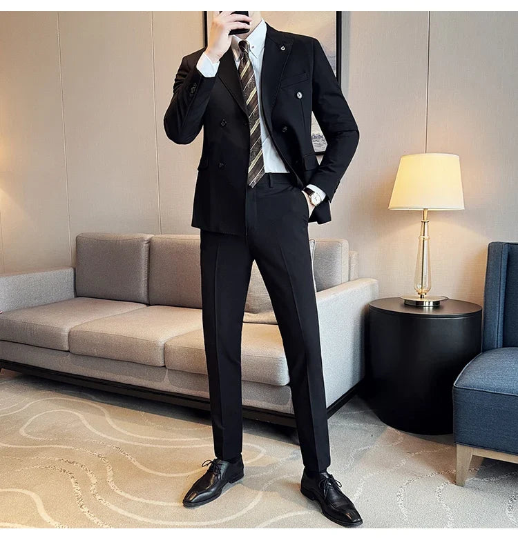 Men's Double Breasted Slim Fit Suit Set – Wedding & Smart Casual – Navy Blue, Brown, Black