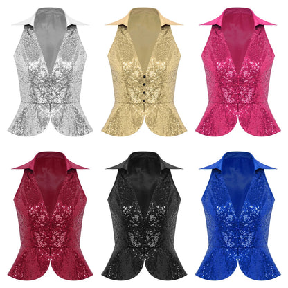 Womens Sequins Vest Fshion Sleeveless Jacket Bling Waistcoats Tops Rave Music Festival Party Nightclub Sparkly Disco Cosutme