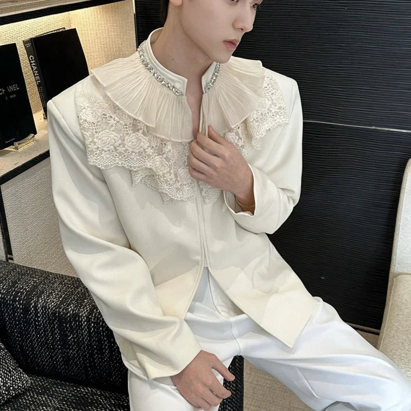 2026 New Personalized Lace Patchwork Stand Collar Diamond-Embellished Blazer Coat Men Fashion Luxury Casual Jacket JY6215