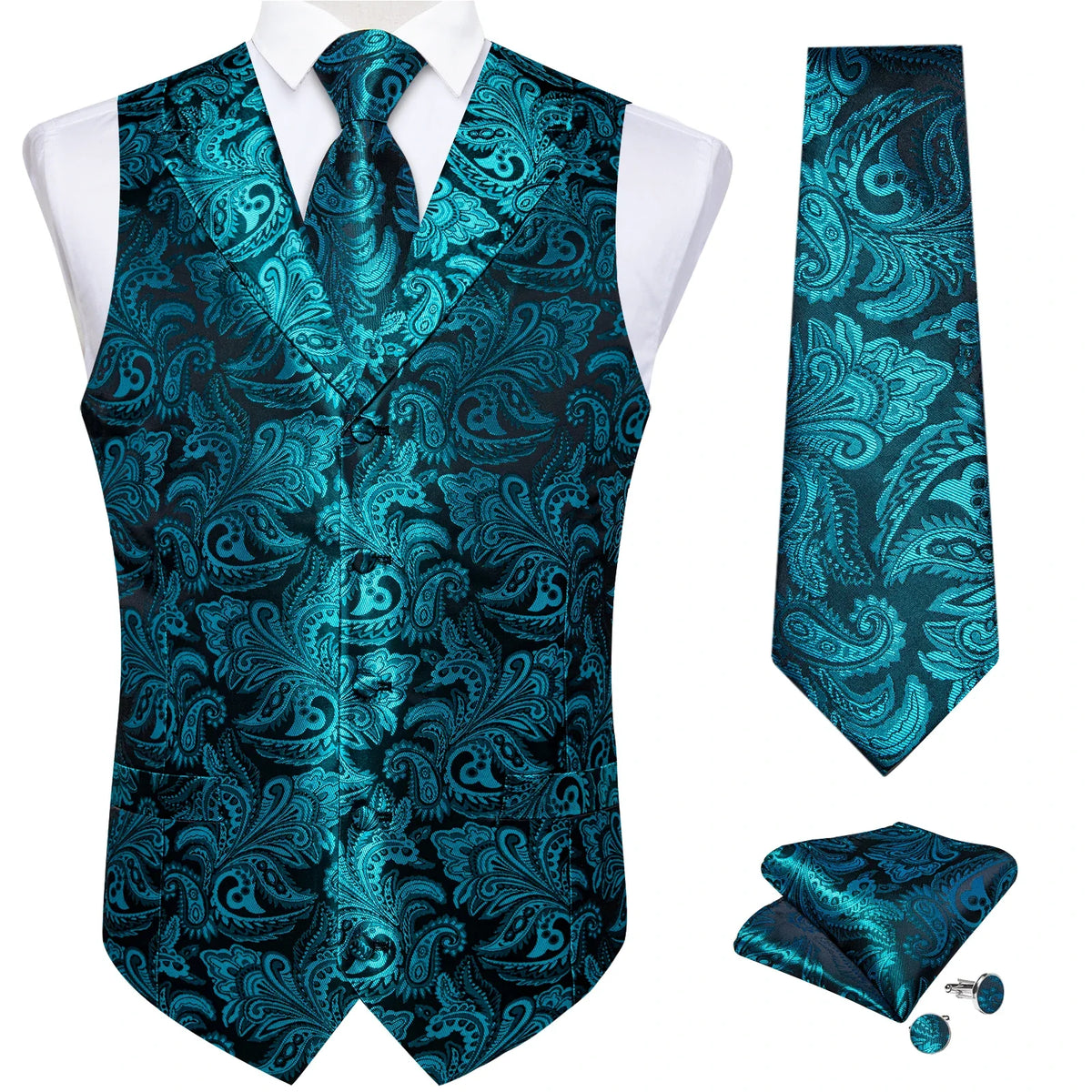 Men's Paisley Suit Vest – Single-Breasted Waistcoat with Tie, Handkerchief & Cufflinks for Weddings & Banquets