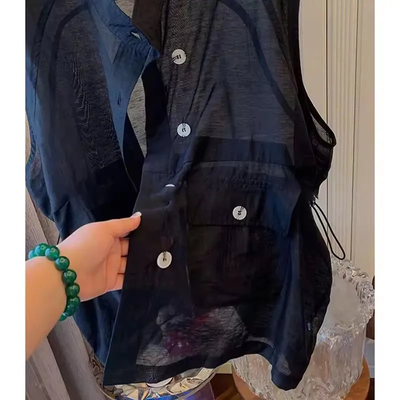 Summer Mid-Length Thin Vest Women Solid Casual V Neck Sleeveless Jackets 2025 Korean Loose Waistcoat Female Outwear