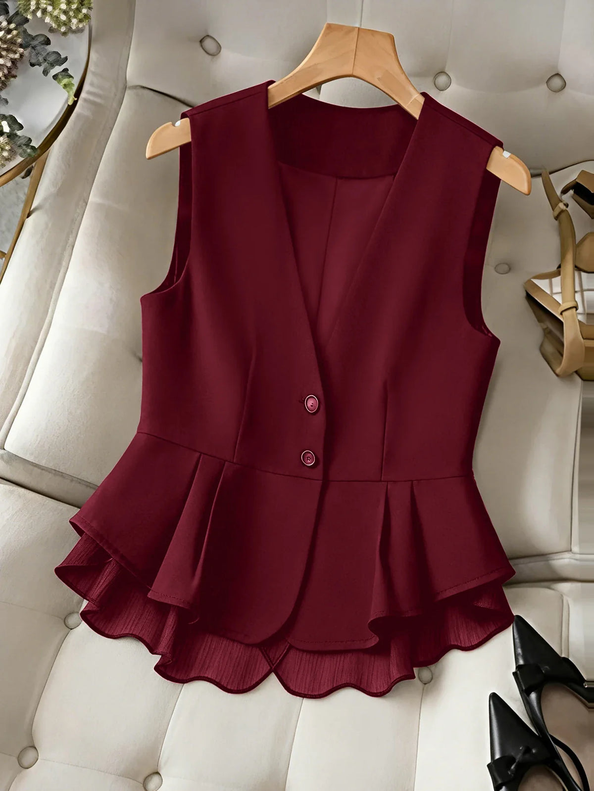 Women's Elegant V-Neck Peplum Vest, Sleeveless Button Down Blazer Waistcoat with Layered Chiffon Hem for Business Casual Office