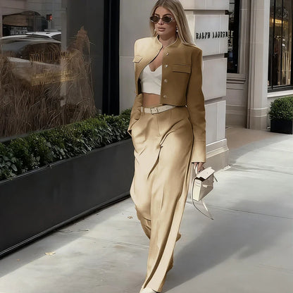 Beige Cropped Blazer Suit Set New Women's Jackets Single Breasted Round Neck Fashion Streetwear Elegant Office Lady Outerwears