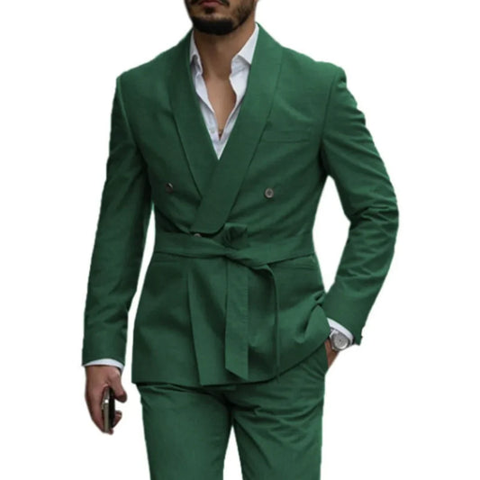 Men's 2 Piece Suit Set Belt Style Casual Tuxedo Blazer Pants Wedding Groom Best Man Clothing
