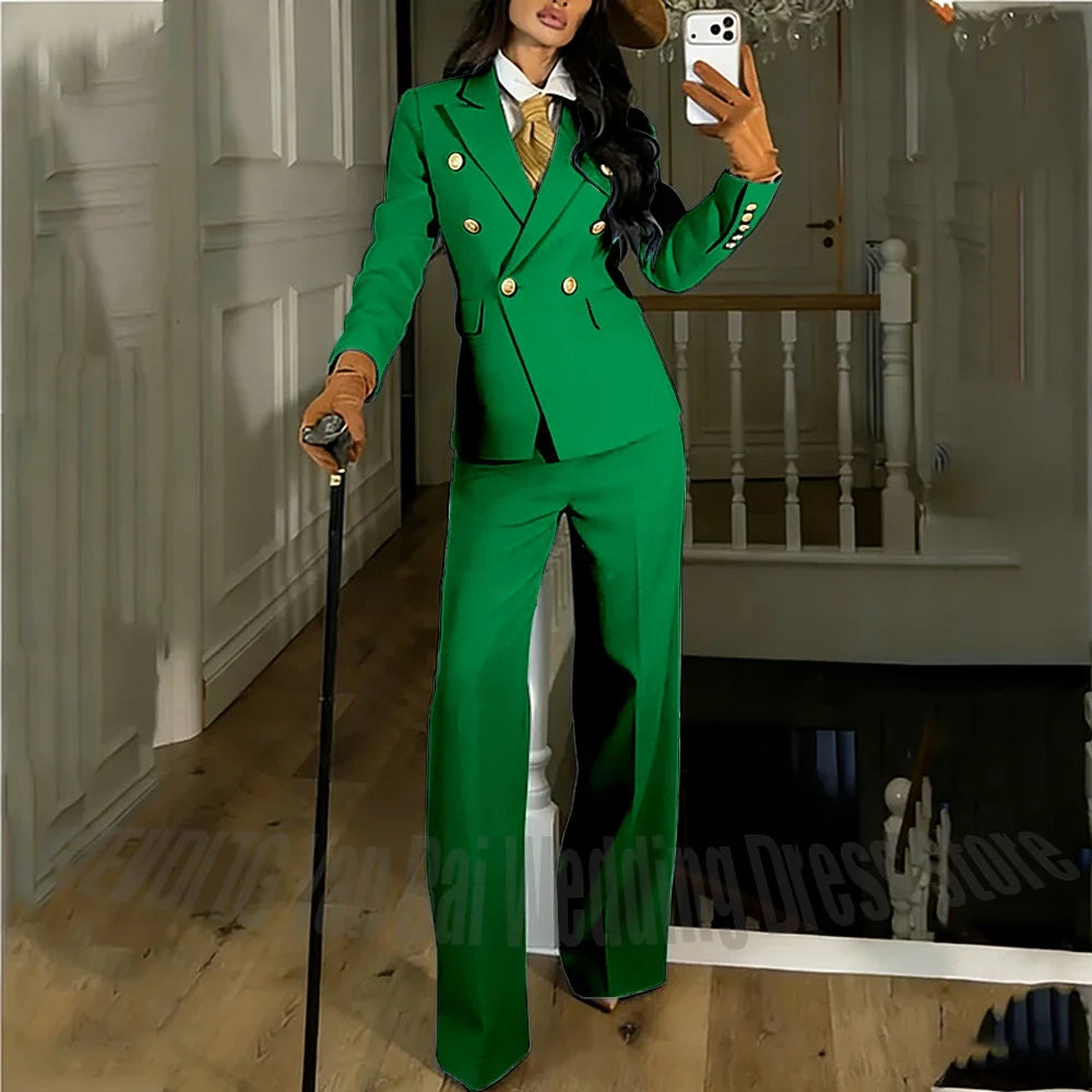 Navy Blue Women's Suit Regular Fitted Customized Peaked Lapel Blazer Professional Outfit(Jacket+Pants) Office Lady Daily Set
