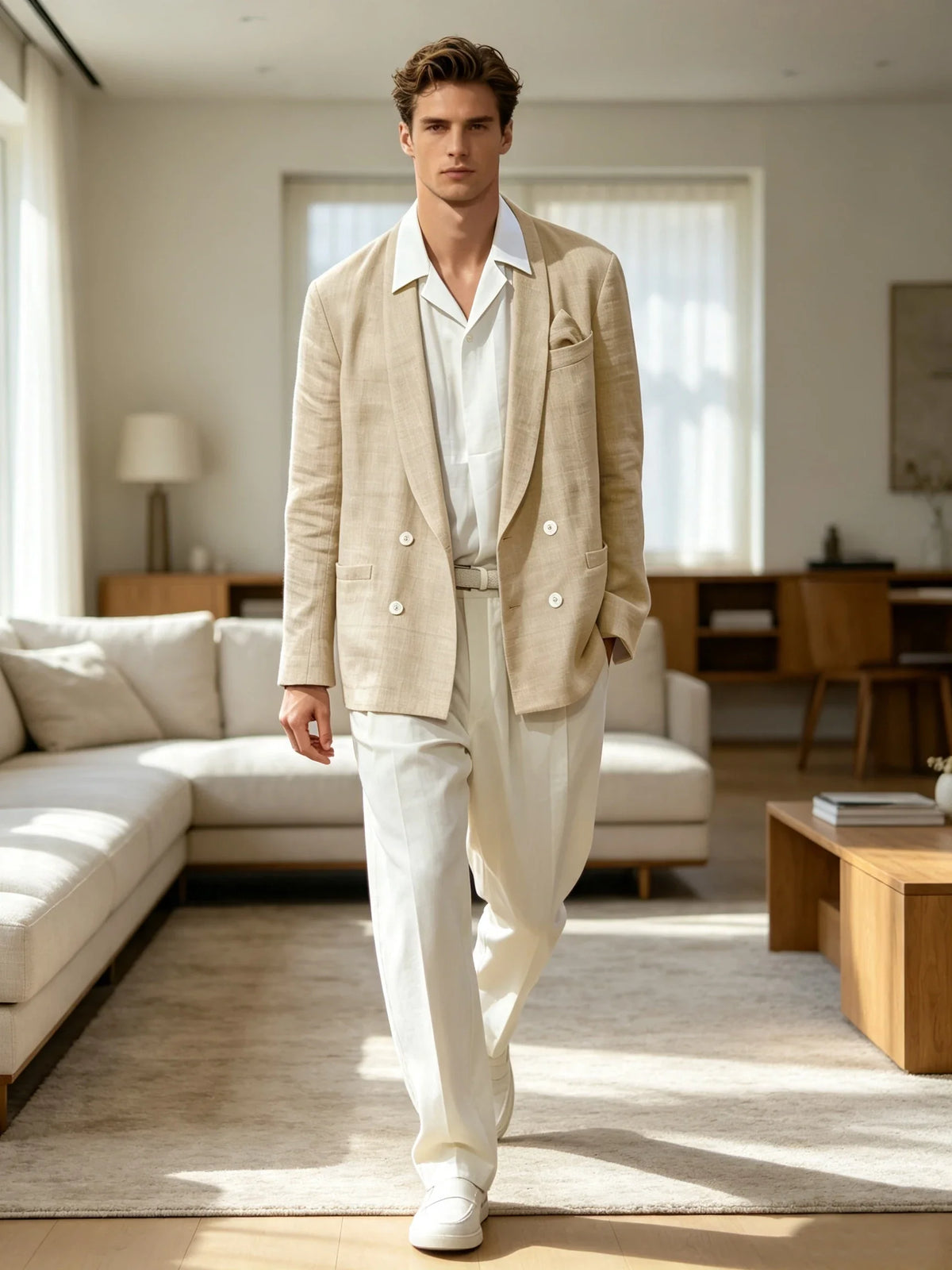 Summer Cotton Linen Blend Men Blazer Double Breasted Casual Suit Jacket Lightweight Soft Elegant Dress Coat For Prom Work Party
