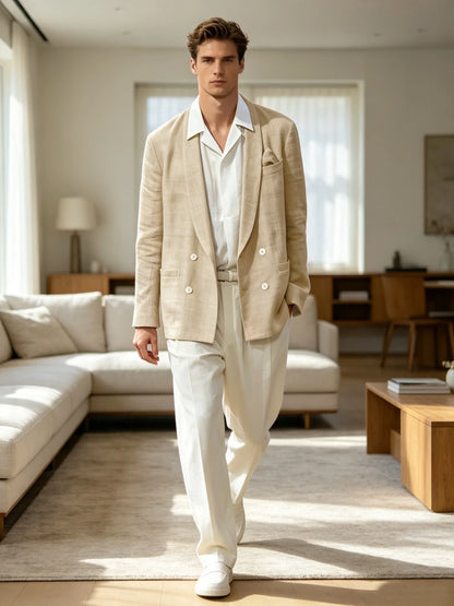 Summer Cotton Linen Blend Men Blazer Double Breasted Casual Suit Jacket Lightweight Soft Elegant Dress Coat For Prom Work Party