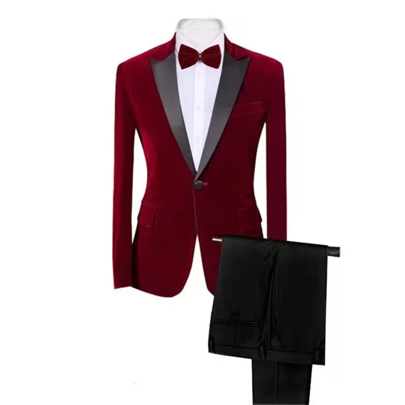 Costume en velours pour homme, coupe ajustée, 2 pièces, revers châle/cranté, pour affaires, mariage, fête, veste et pantalon