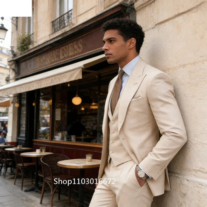 Formal Men's Groom Tuxedos Three-Piece Peak Lapel Suit Solid Jacket Vest Pants Party Prom Daily Casual Tuxedo Business Men Suits