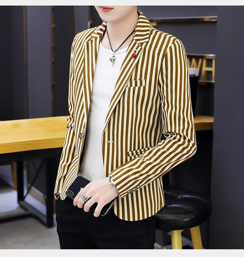 Men's Slim Fit Striped Casual Suit Jacket Korean Fashion Four Seasons New Boutique Handsome Small Suit