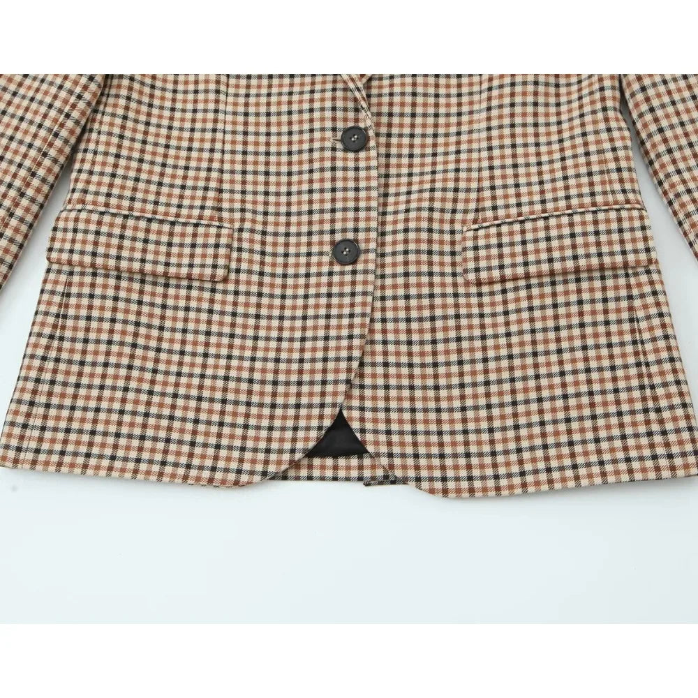 Stylish Plaid Pant Suits for Women New in Commuting Style Two Pieces Straight Plaid Blazer Matching Tonal Pleated Wide Leg Pants