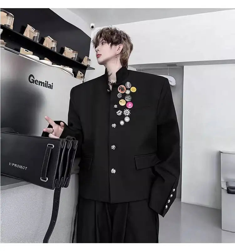 2025 New Handsome Luxury Patchwork Decorate Stand Neck Casual Jacket Men Original Luxury Male Blazer Coat Clothes JY3789