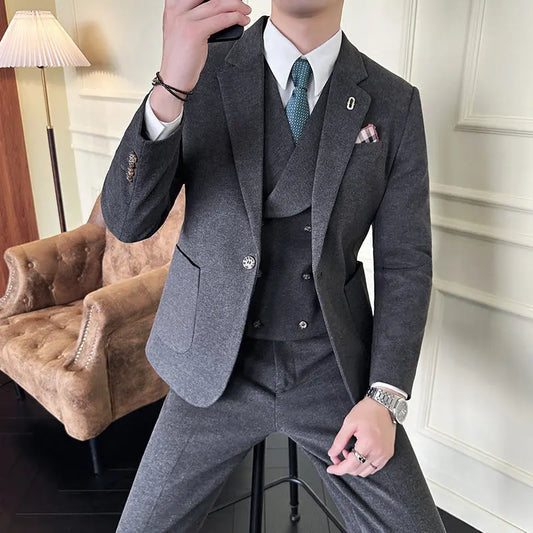Korean Slim Business Suit Woolen Suit 3 Piece Set (jacket+vest+pant) Business Formal Casual Suits Office Party Prom Wedding Suit