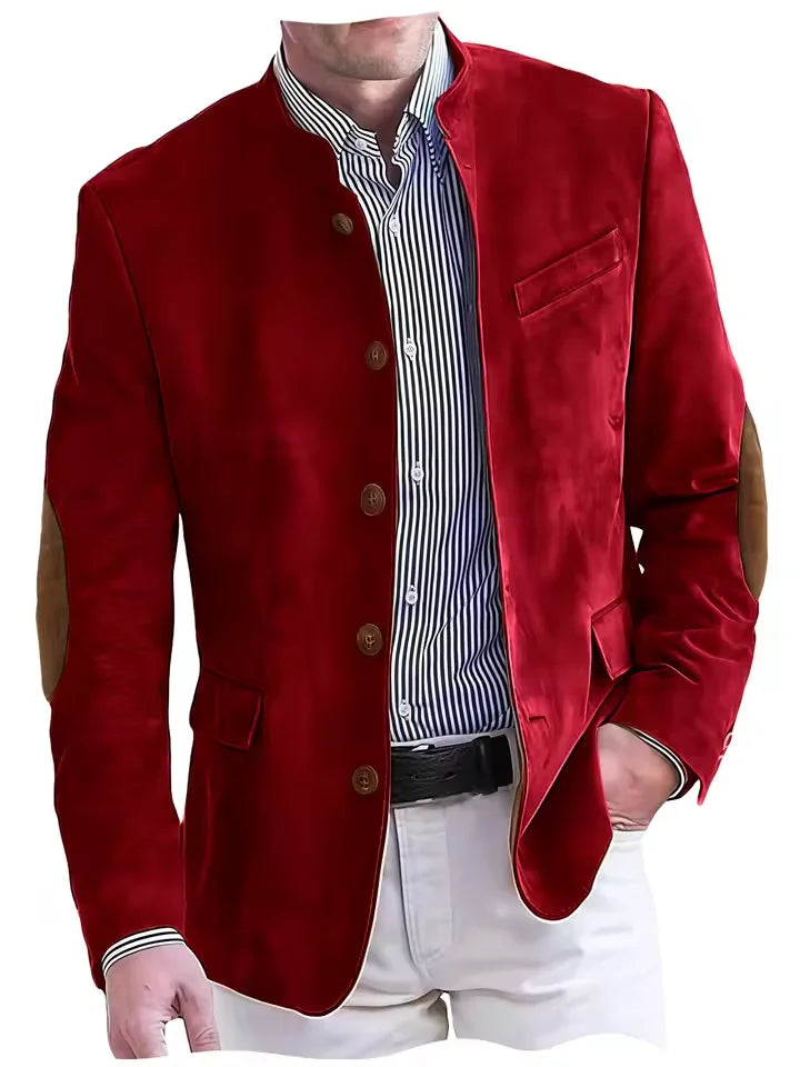 Vintage Men's Suede Blazer Elbow Patch Slim Fit Mandarin Collar Textured Fabric Jacket Business Casual Wedding Party Coat