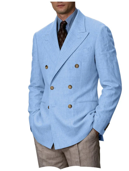 Men Linen Blazer Double Breasted Jacket Lightweight Soft Slim Coat For Business Wedding Casual Daily Party Vacation Dating