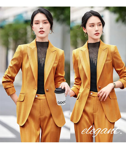 Women Blazer Pants Sets Yellow Two Pieces 2024 Autumn Workwear Trousers Formal Striped Navy Blue Long Sleeve Tops Pantsuit