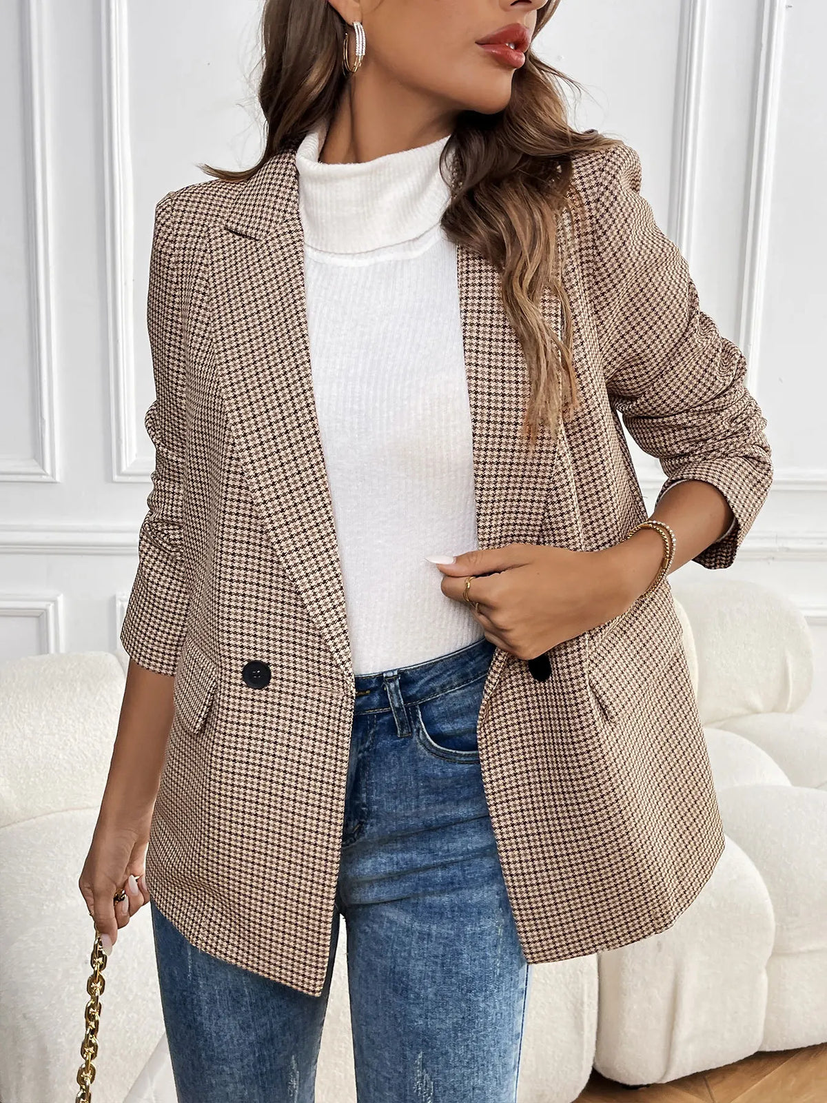 Spring Autumn 2026 Vintage Houndstooth Blazer Women Notched Loose Jacket Coat Women Clothing Female Casual 63997