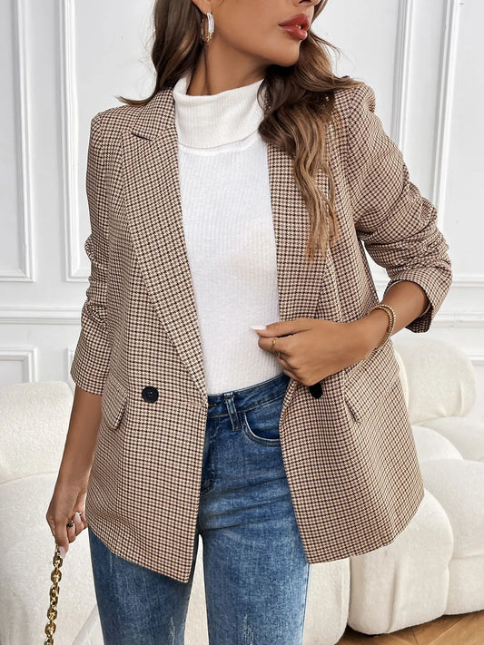 Spring Autumn 2026 Vintage Houndstooth Blazer Women Notched Loose Jacket Coat Women Clothing Female Casual 63997