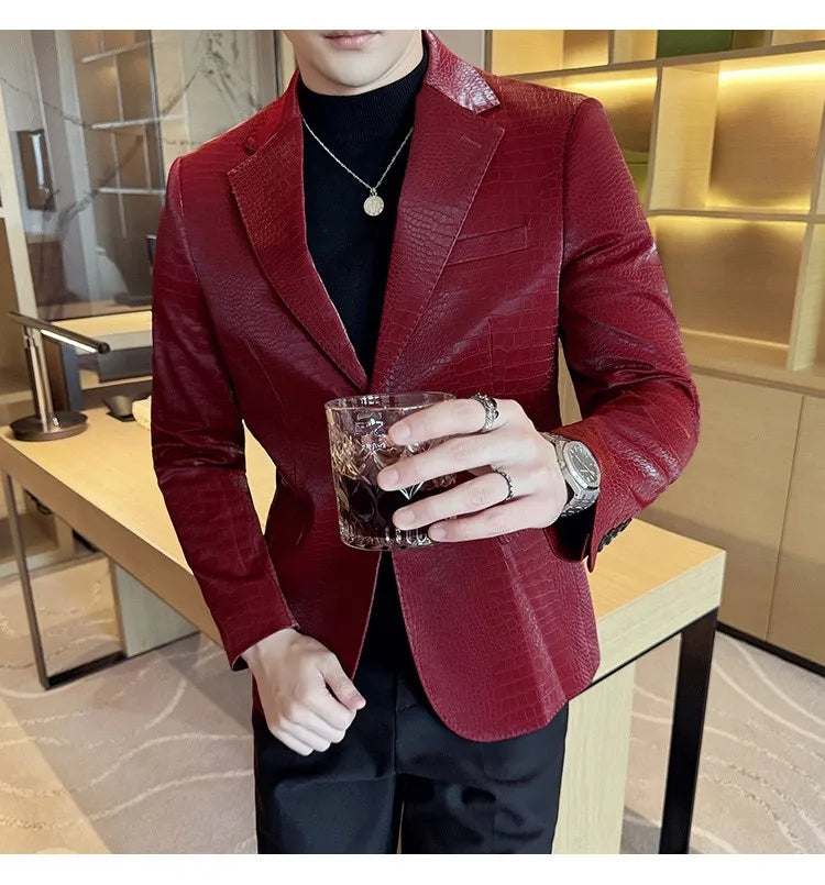 2026 Crocodile Patterned Leather Suit Jacket Men Slim Fit Business Casual Leather Jacket Wedding Groom Party Work Men Blazers