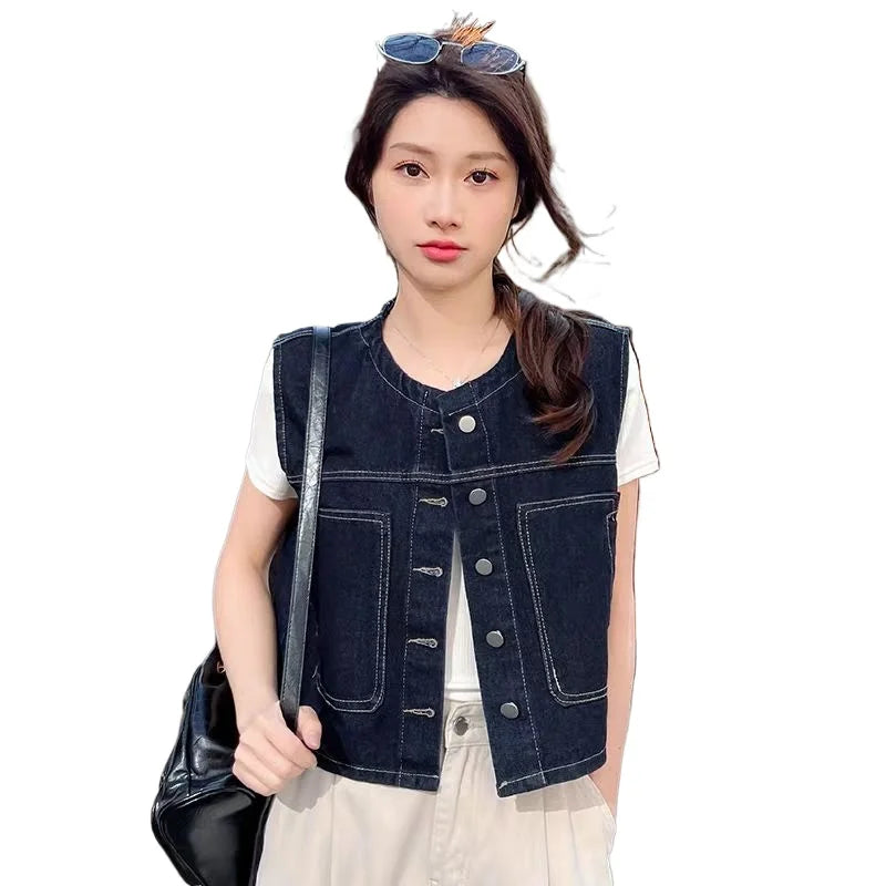 Retro Loose Thin Denim Vest Coat Women's Spring Summer Versatile Casual Sleeveless Jeans Jacket Korean Short Denim Waistcoat