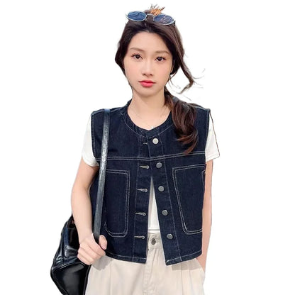 Retro Loose Thin Denim Vest Coat Women's Spring Summer Versatile Casual Sleeveless Jeans Jacket Korean Short Denim Waistcoat