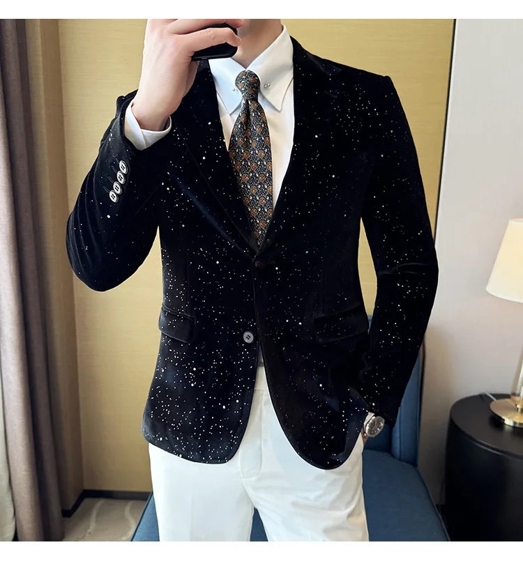 2025 Autumn New Velvet Jacket Men's Blazer Business Fashion Hot Stamping Printed Suit Jacket High-quality Luxury Dress Suit
