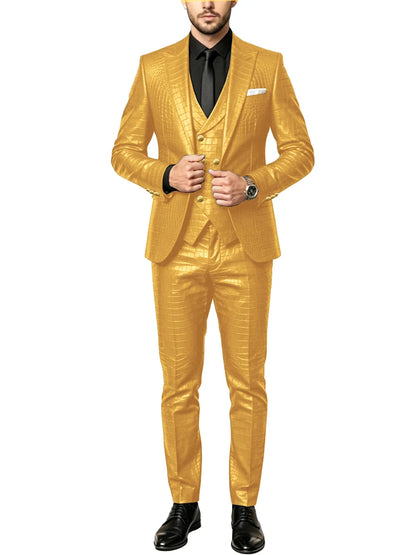 Men's 3 Piece Suit Crocodile Pattern Prime PU Leather Single Breasted Gold Buttons Slim Fit Wedding Dinner Party Formal Outfit ﻿